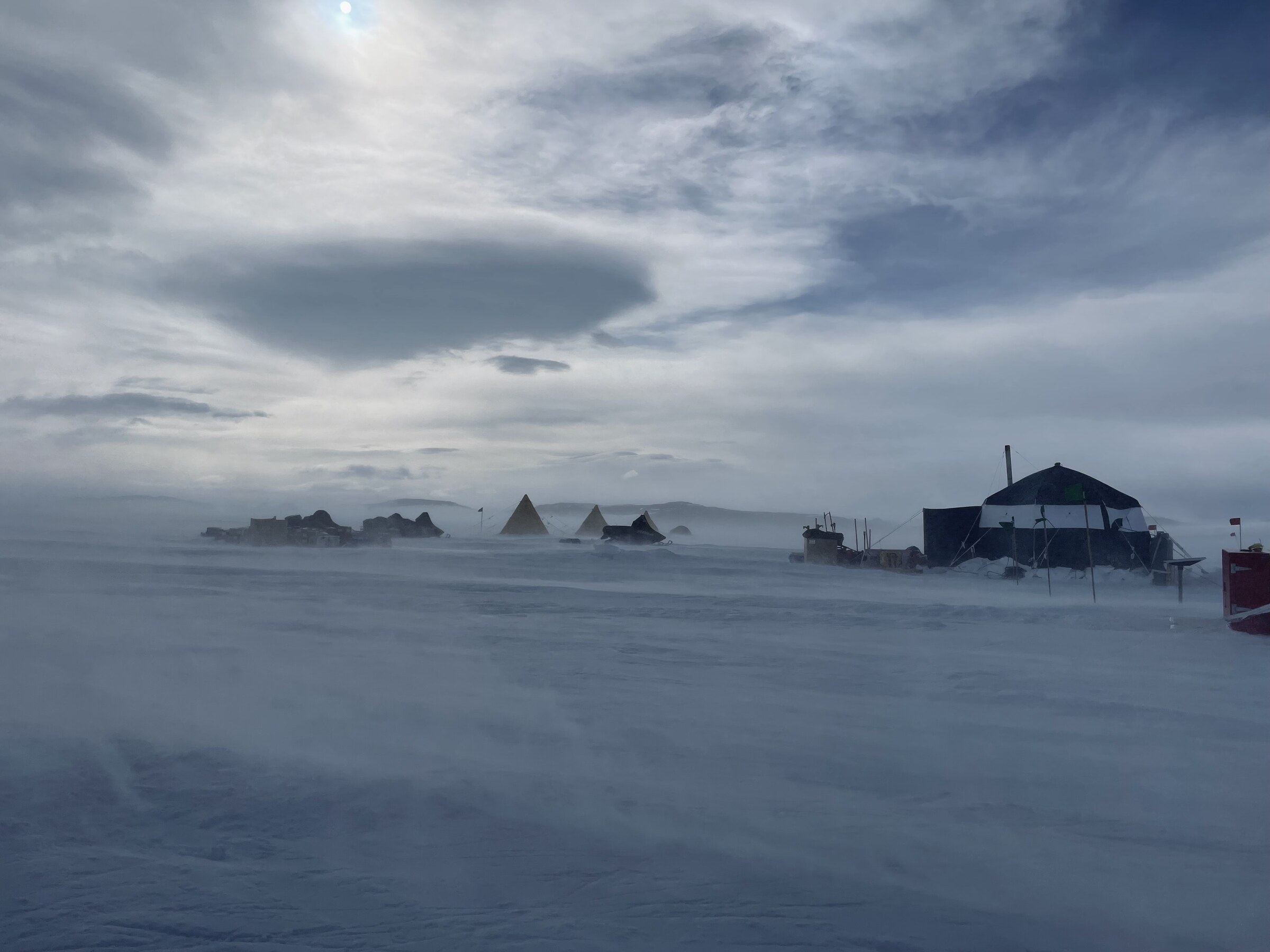 COLDEX field camp in blowing snow at Allan Hills, Antarctica